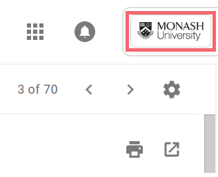 Screenshot of the Monash Gmail interface, with a red box around the Monash University logo, which sits in the very top right of the screenshot, next to a notification bell icon 