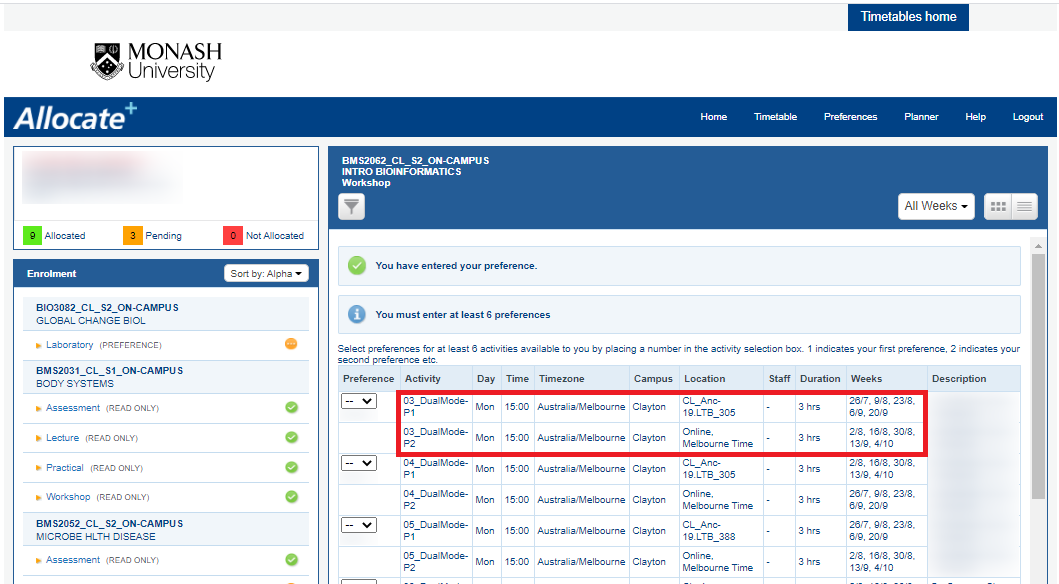 Preference entry list view screen showing activities with parts