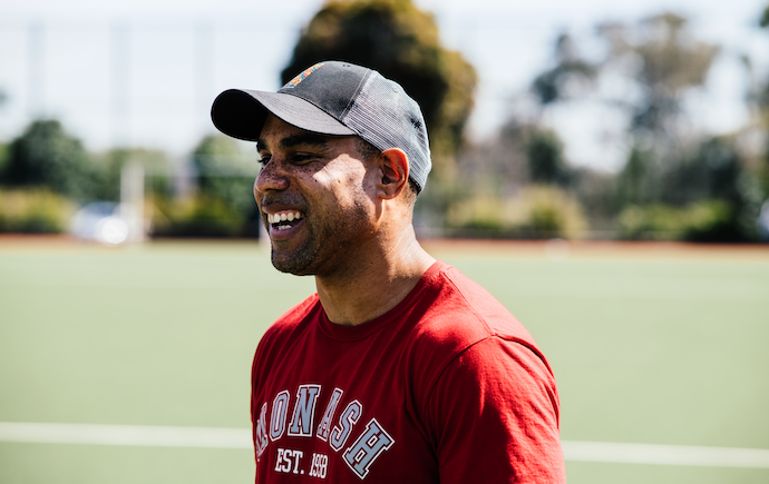 Close up of man smiling on soccer field