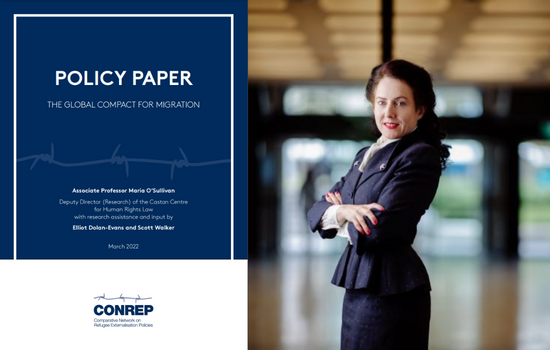 Cover of the policy paper, next to a photo of Maria O'Sullivan.
