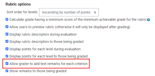 Image of rubric options with all settings ticked.