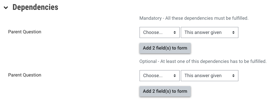 Parent questions and setting mandatory fields or optional fields