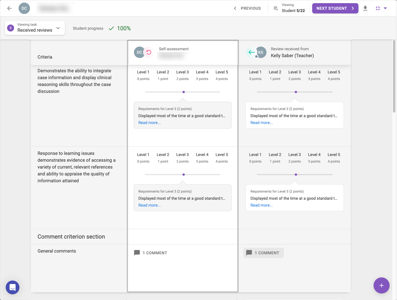 Screenshot of students self-review and staff review