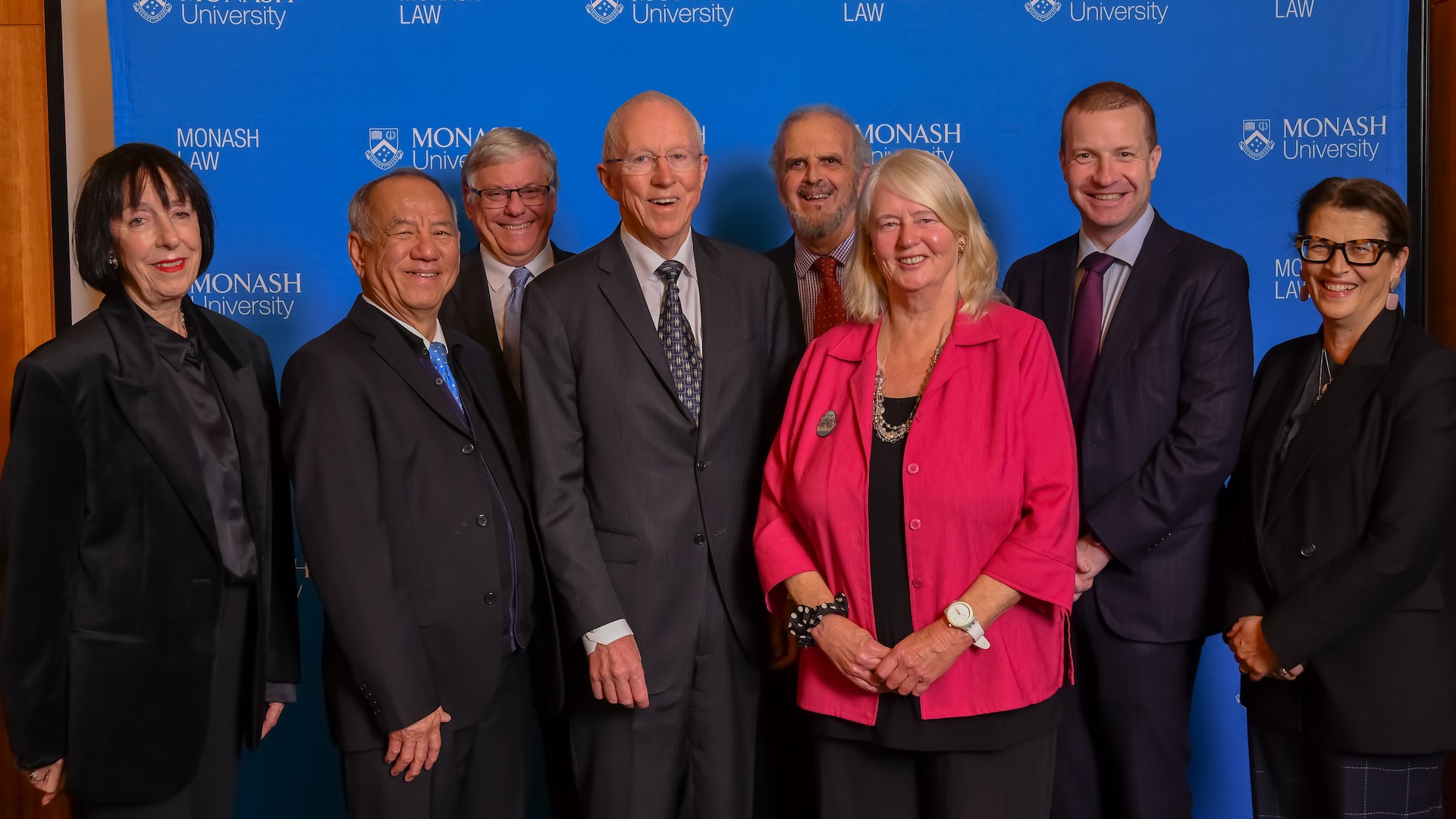 The Hon Christopher Jessup KC alongside Monash Law Interim Dean Professor Marilyn Pittard, with The Hon Marilyn Warren AC KC with others at the Fiat Justitia 2024 lecture