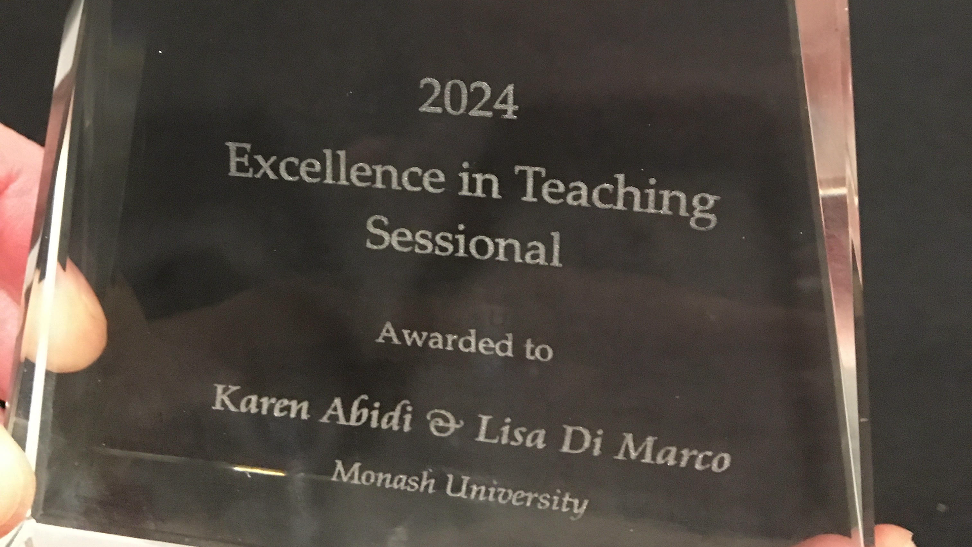 Karen Abidi and Lisa DiMarco's ALEA award for Excellence in Teaching (Sessional)