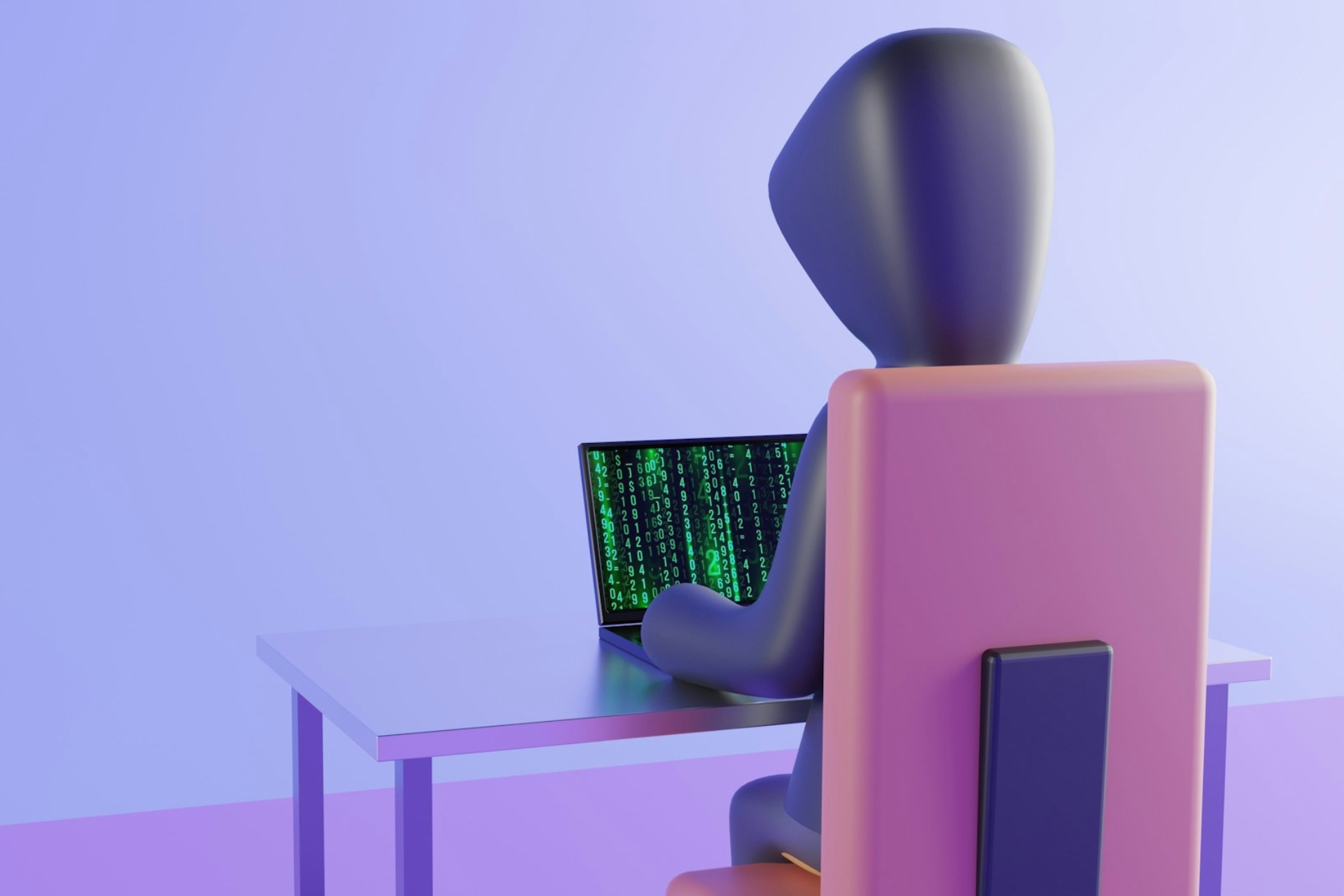 A workspace featuring a laptop, books, and a coffee cup, with a robot engaged in typing.