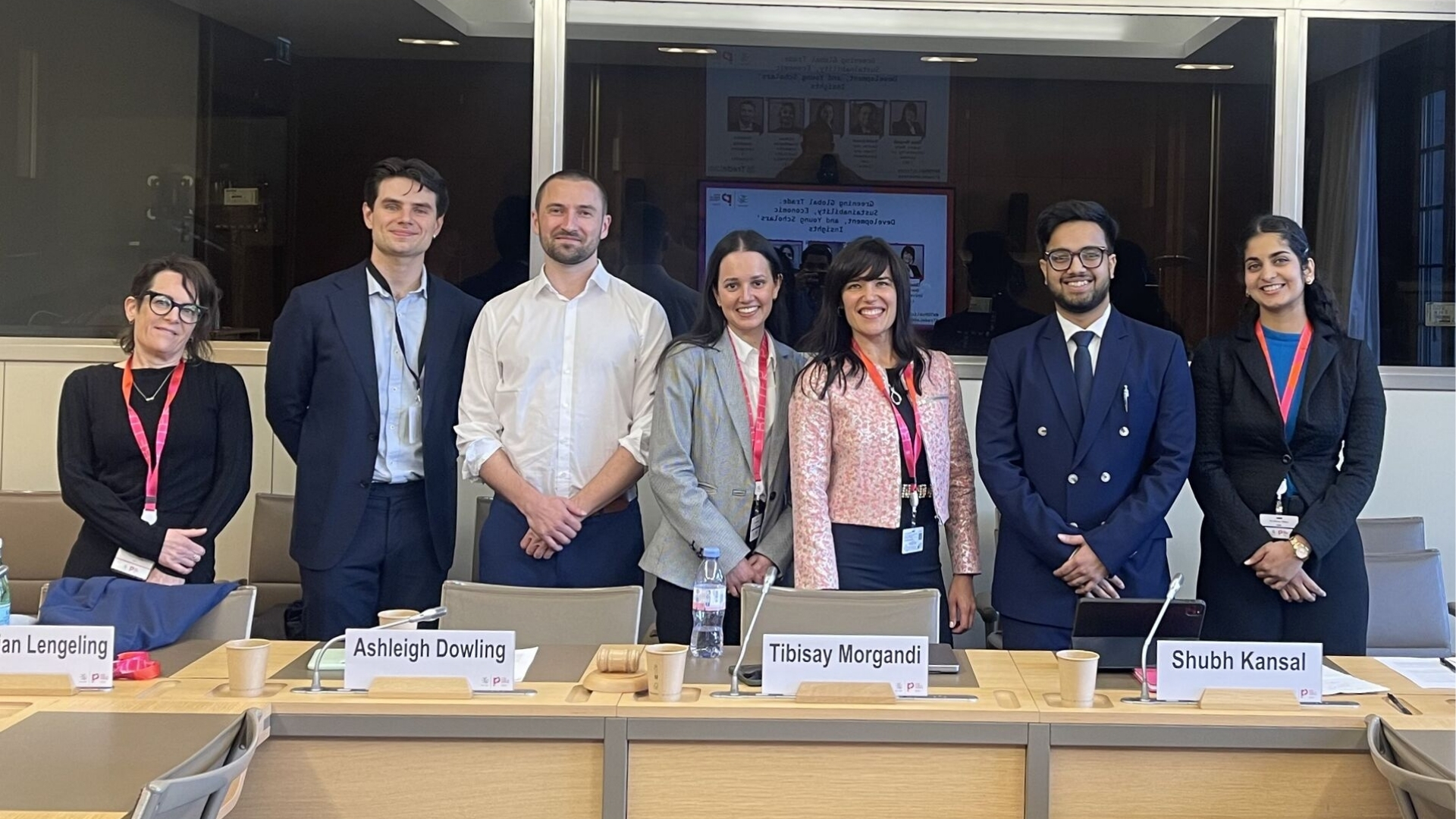 Ash Dowling (fourth from left) in Geneva with her TradeLab colleagues, other panel members, and Tradelab Clinic Supervisor, Associate Professor Caroline Henckels (far left)