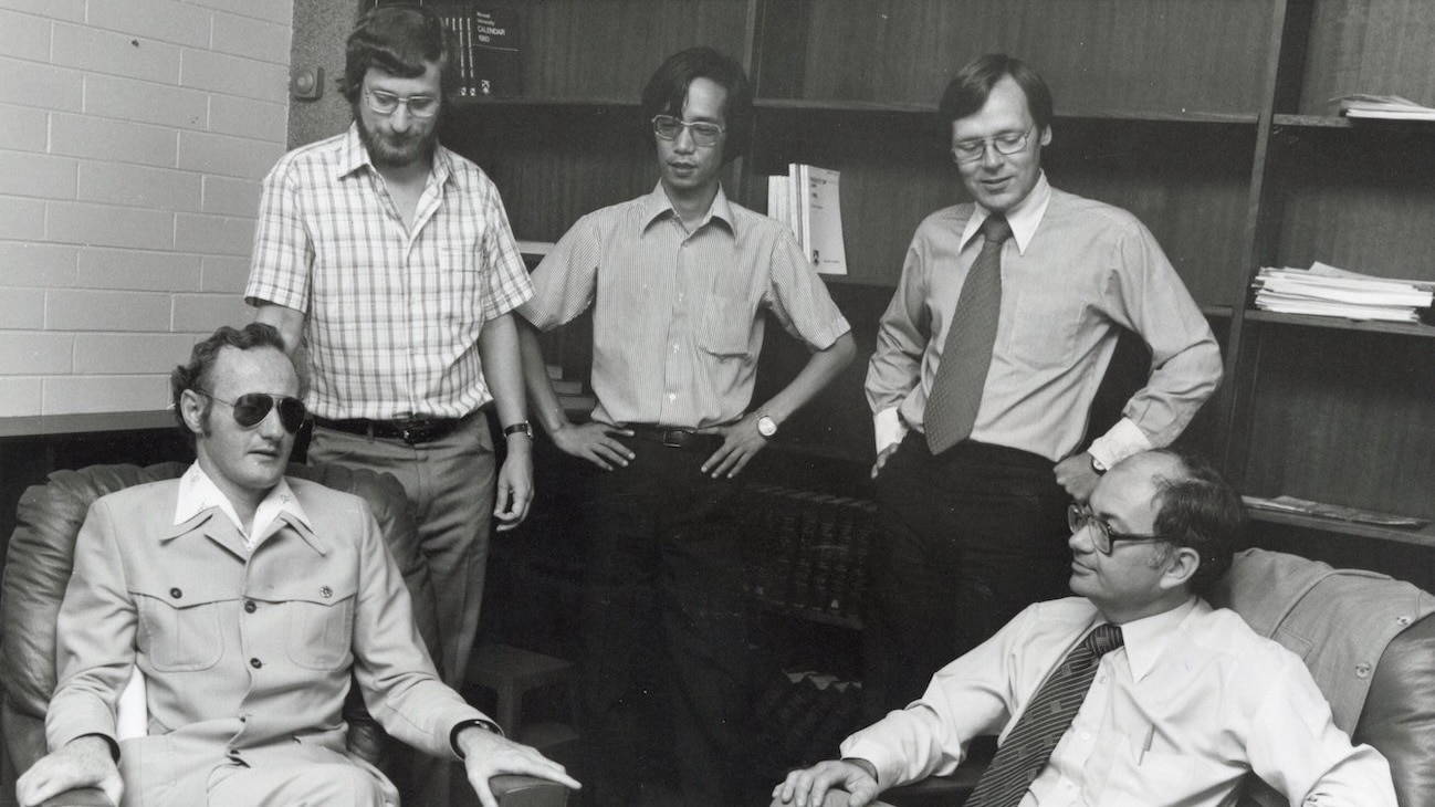 Ron McCallum (seated left), Arie Freiberg, Emeritus Professor Hoong Phun (HP) Lee, Professor Malcolm Smith and Professor Bob Baxt (seated right) in the Law Faculty, 1981.