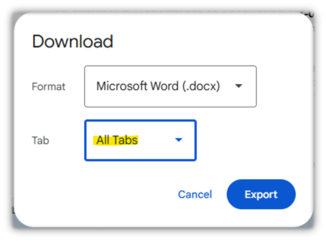 Screenshot of the download to Microsoft Word function