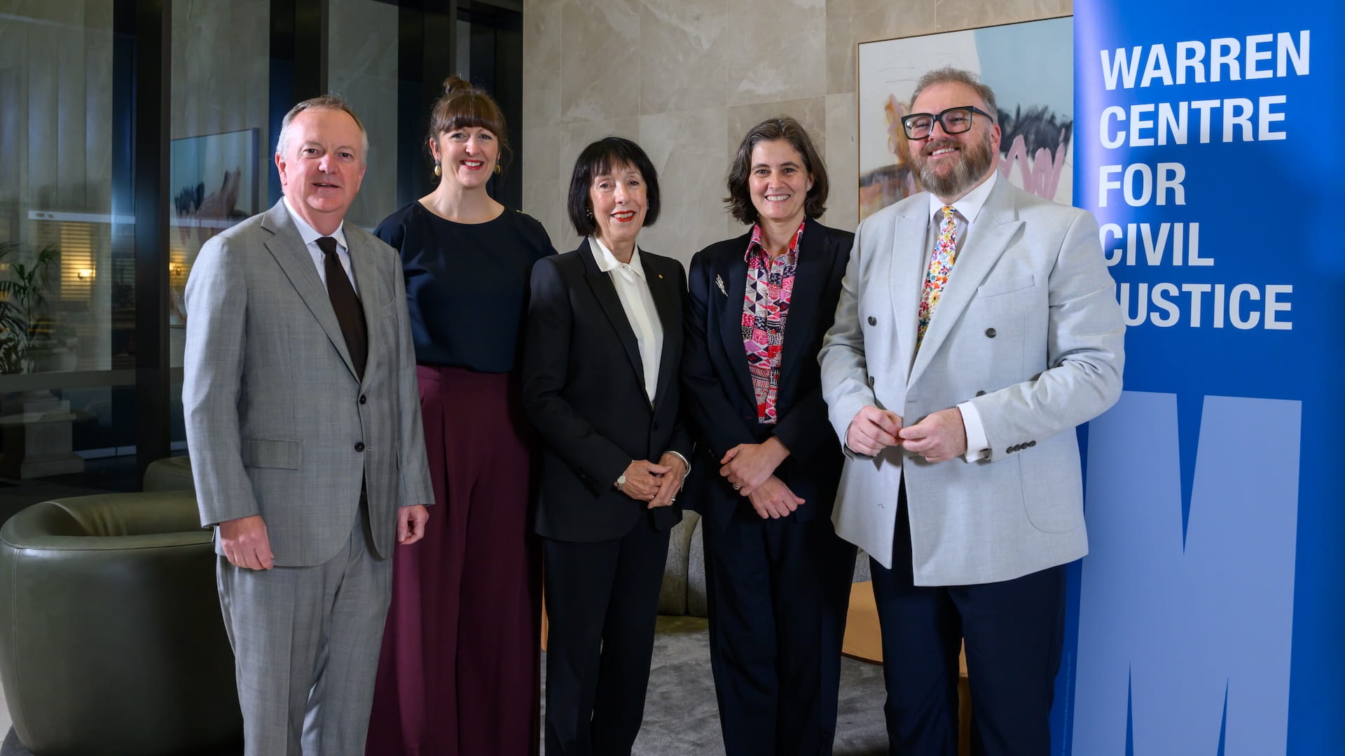 The Honourable Chief Justice Richard Niall KC, Associate Professor Genevieve Grant, Professor the Honourable Marilyn Warren AC KC, Justice Elizabeth Bennett and Professor Steven Vaughan.