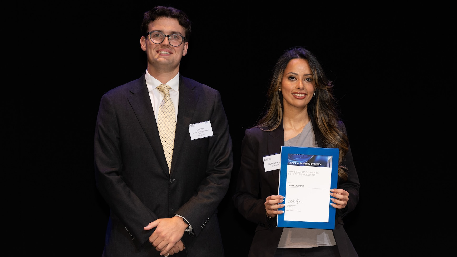 Thomas Hall from Monash Law Students&rsquo; Society and Haneen Ashmeel.