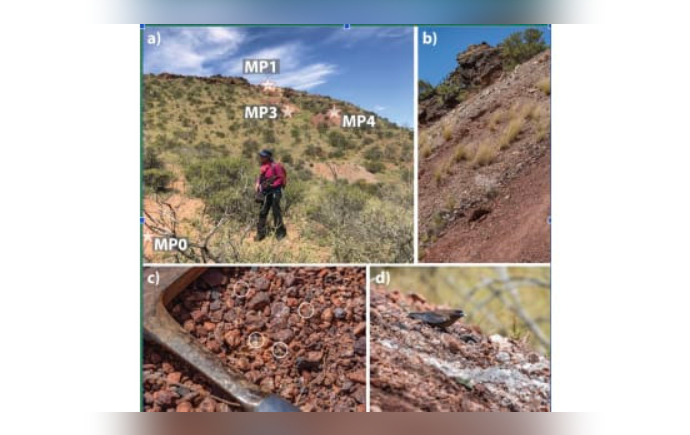 Four-panel scientific photograph illustrating sample collection sites on a grassy, rocky hillside. Shows a researcher, terrain slopes, close-up reddish gravel with a hammer scale, and a small bird on rocky ground.