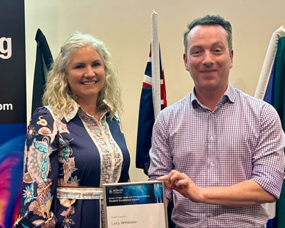 Lucy Whitelaw with Master of Health Management coordinator Associate Professor Chris Moran Lucy Whitelaw with Master of Health Management coordinator Associate Professor Chris Moran