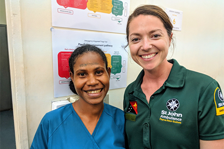 Australian nurse educator Sarah Bornstein, from St Vincent&rsquo;s Hospital Sydney, with Gerehu General Hospital Emergency Department Nurse Unit Manager Geraldine Kennedy