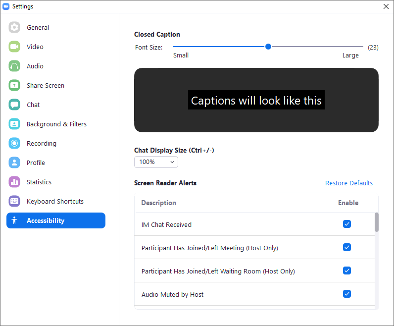 Accessibility settings