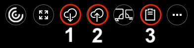 Screenshot of menu options, showing 1. Download, 2. Upload, and 3. Clipboard icons