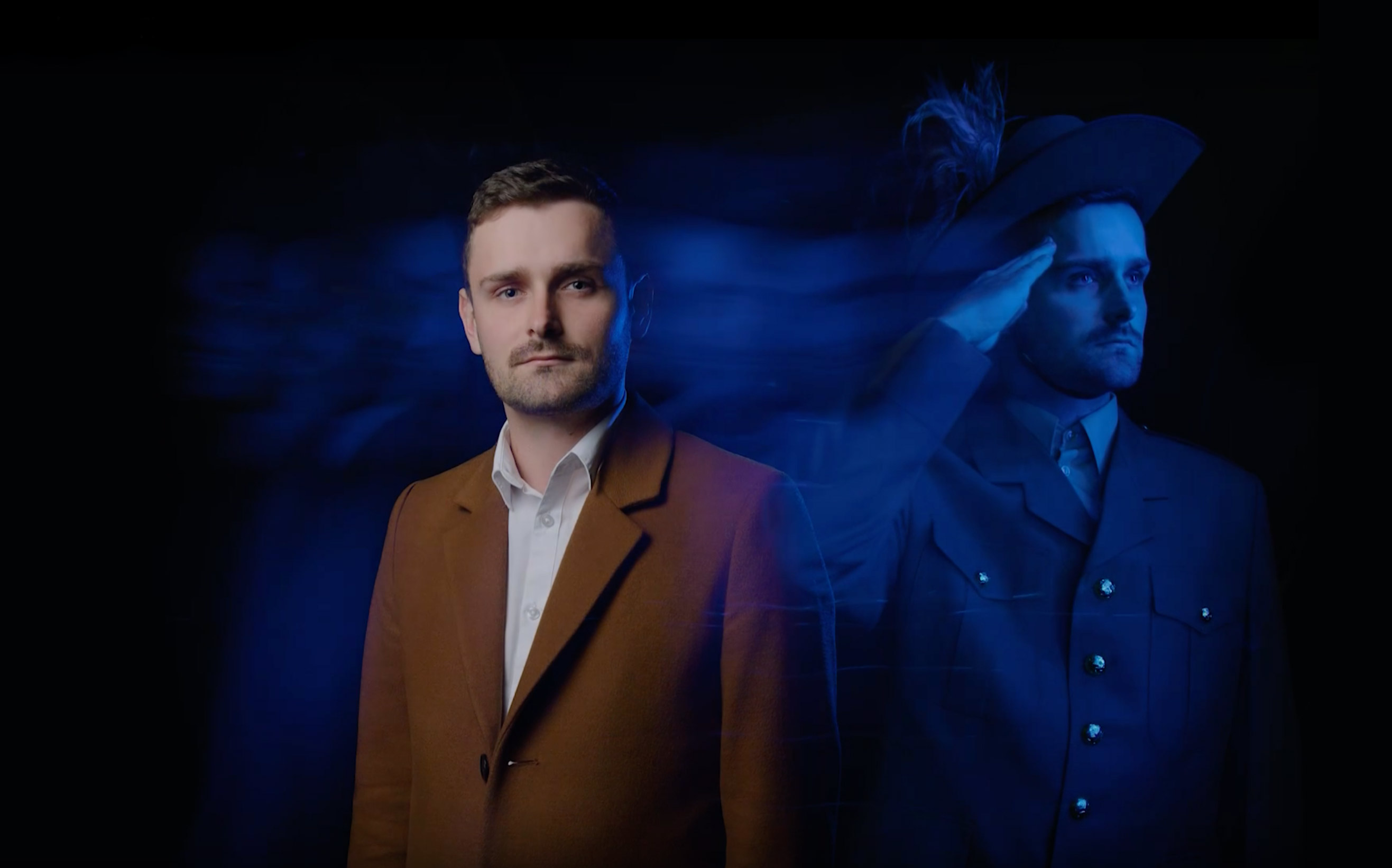 Man looking at camera with overlay of himself in Anzac uniform