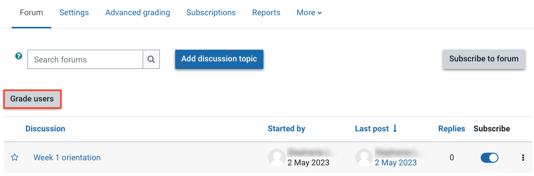 Image of Forum activity. The Grade users button is highlighted