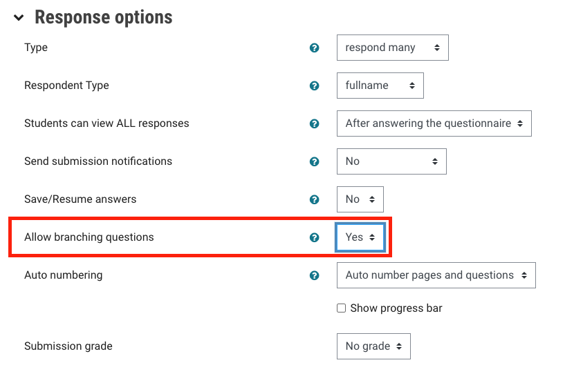 Field selection with various response options such as 'type', 'Respondent Type' 'Students can view ALL responses'; 'Send submission notifications'; 'Save/Resume answers'; 'allow branching questions';  'auto numbering'; 'submission grade