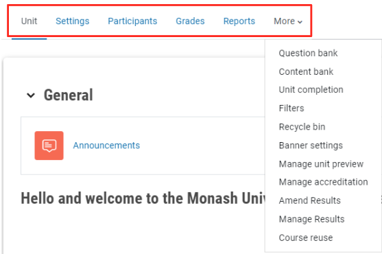 Image of key unit administration links in the top banner menu