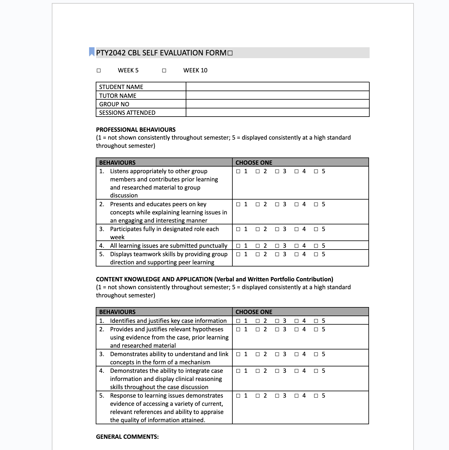 Image of Case based learning self-evaluation form as a document