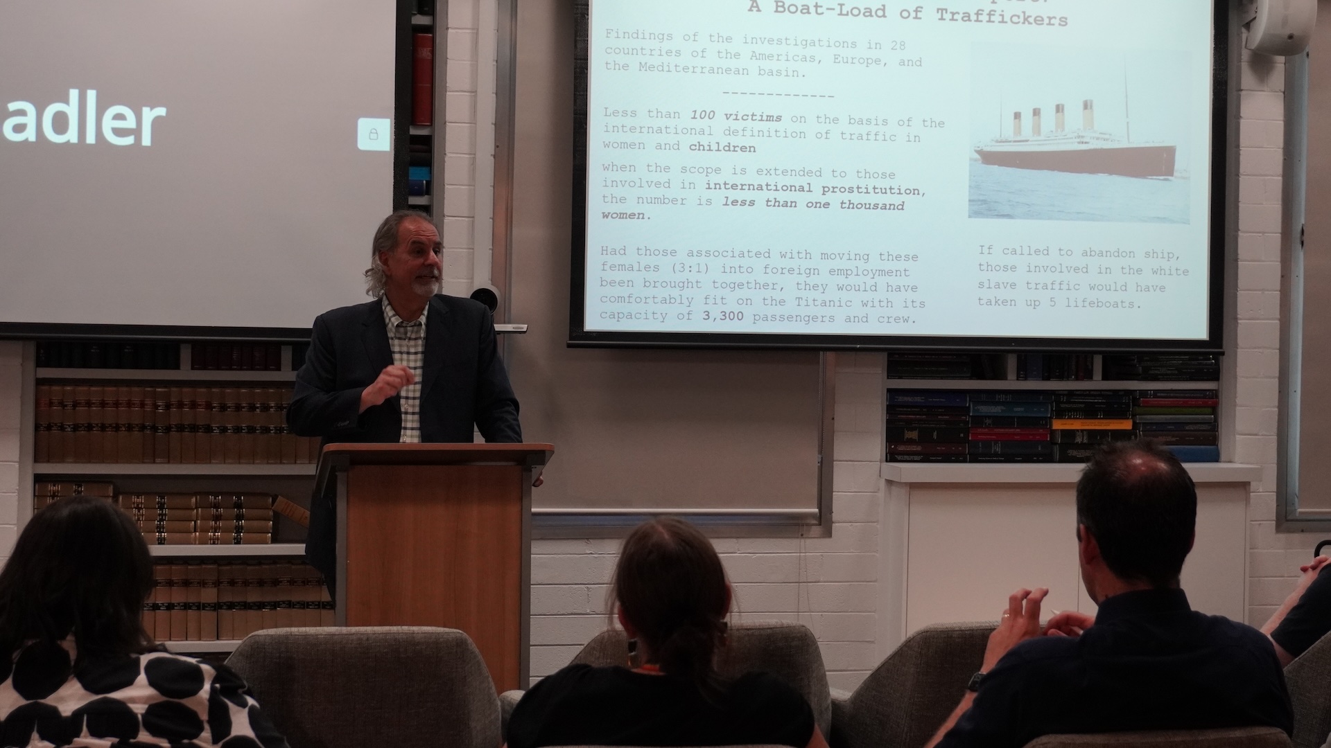 Professor Jean Allain presenting Law Faculty academics with an overview of the Leverhulme Lectures