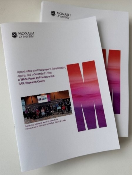Front cover of a booklet titled: 'Opportunities and Challenges in Rehabilitation, Ageing, and Independent Living: A White Paper by Friends of the REAIL Research Centre
