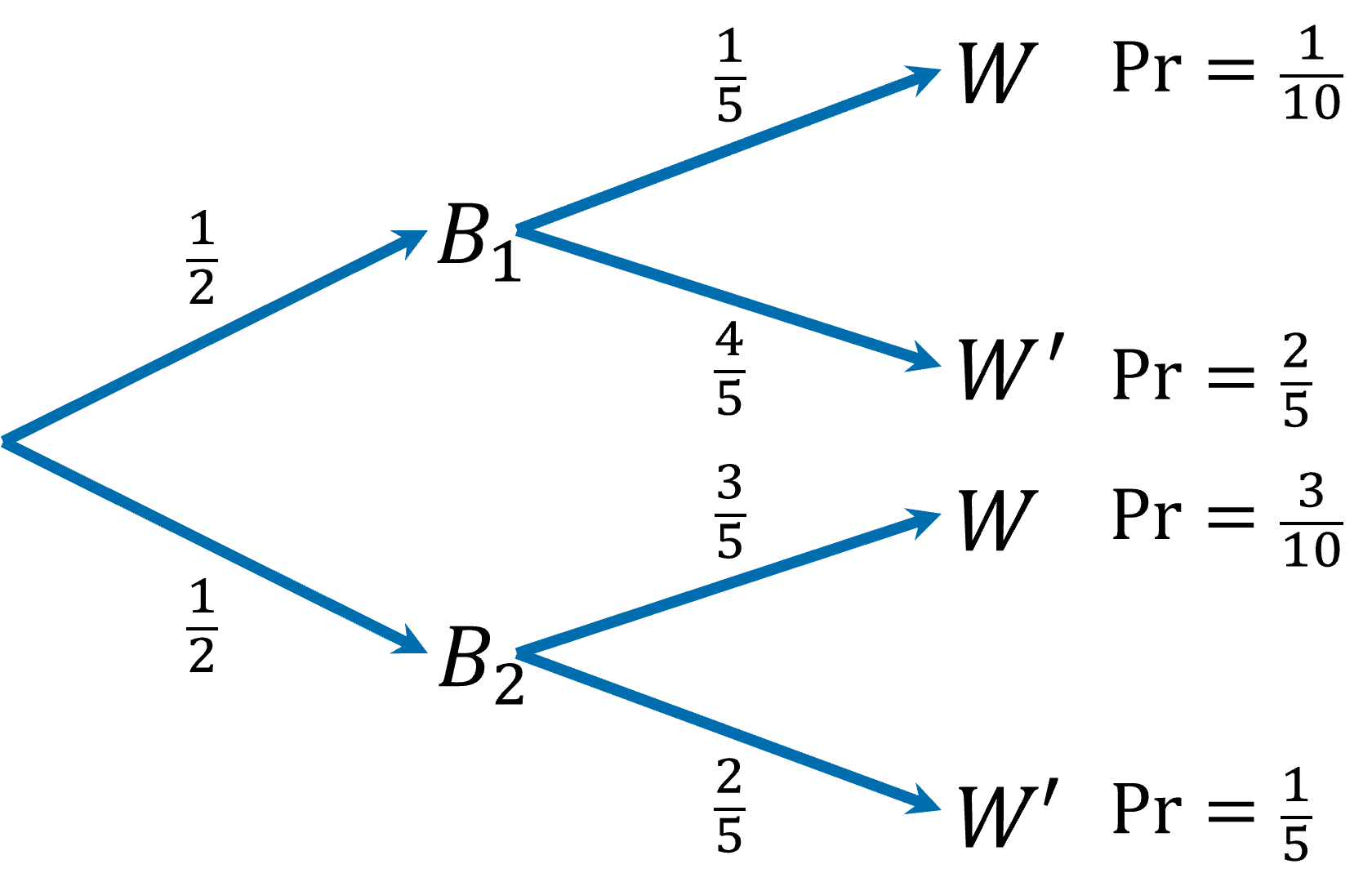 A probability tree diagram with labelled branches. First stage: B_1(1/2), B_2(1/2). Second stage: from B_1 W(1/5), W’(4/5), from B_2 W(3/5), W’(2/5). Outcome probabilities: –B_1W = 1/10, B_1W’= 2/5, B_2W = 3/10, B_2W’ = 1/5