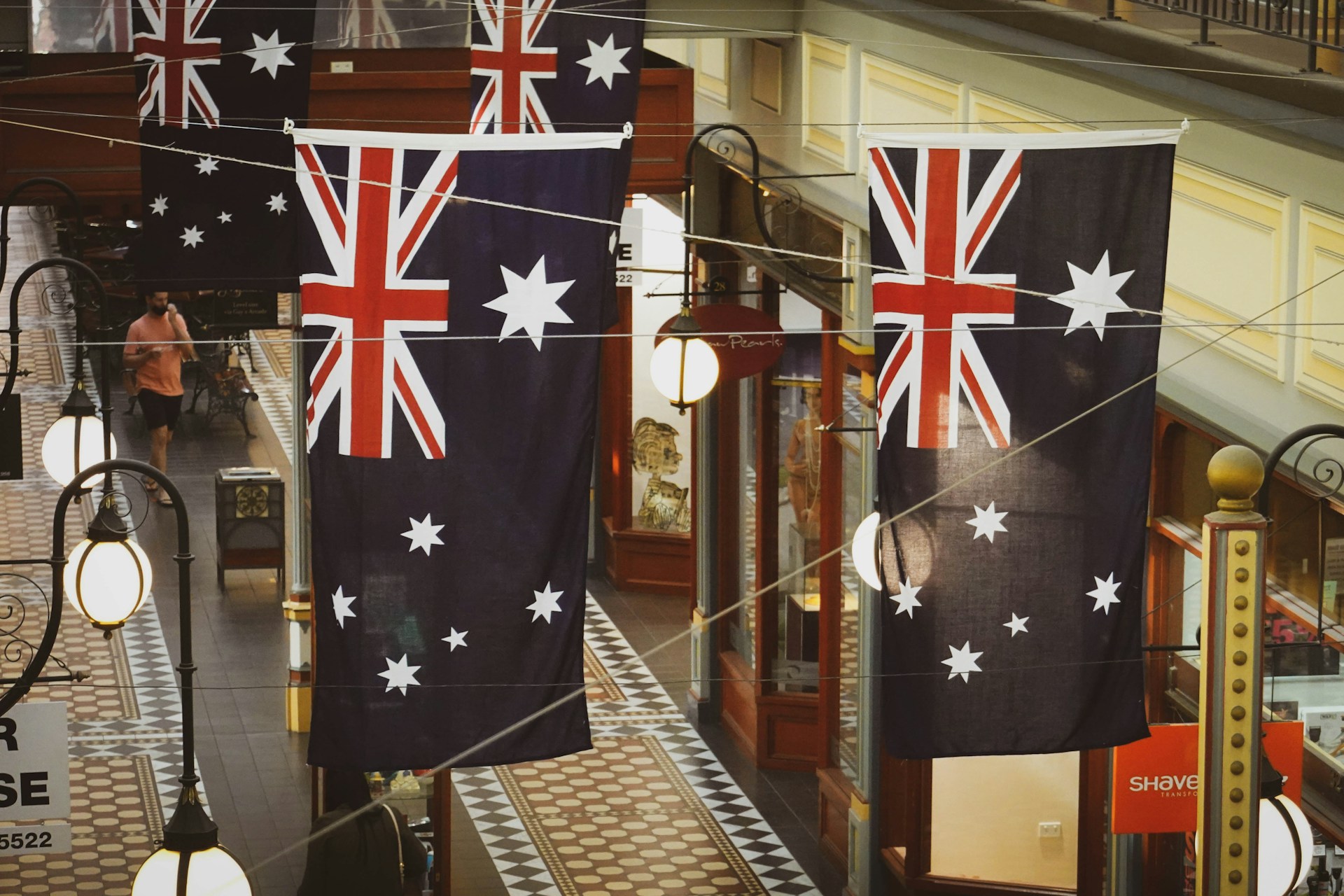 Photo of an Adelaide mall with Australian flags hung on display