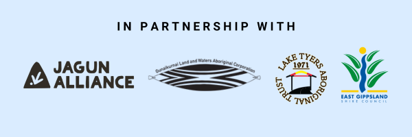 A partnership banner showing logos of Jagun Alliance, Gurnaikurnai Land and Water Aboriginal Corporation, Lake Tyers Aboriginal Trust, and East Gippsland Shire Council