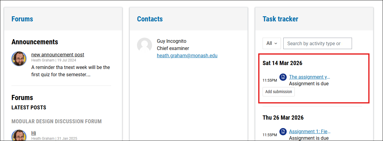 Screenshot of the task tracker on the Moodle dashboard