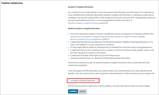 Screenshot of the I accept the Student Statement in Moodle