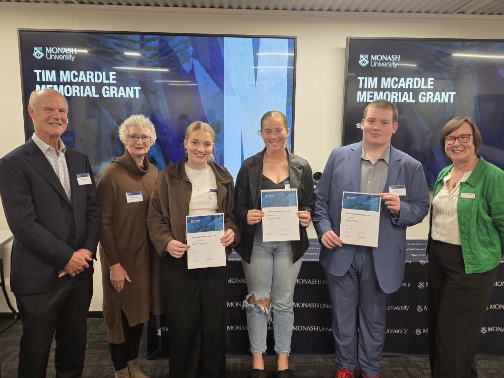 Peter McArdle (Tim's brother), Carolyn Turner (guest speaker), Aleisha Reynolds (2026 recipient), Carlie Nightingale (2026 recipient), Connor Hopley (2026 recipient), and Assoc. Prof. Cathy Haigh.