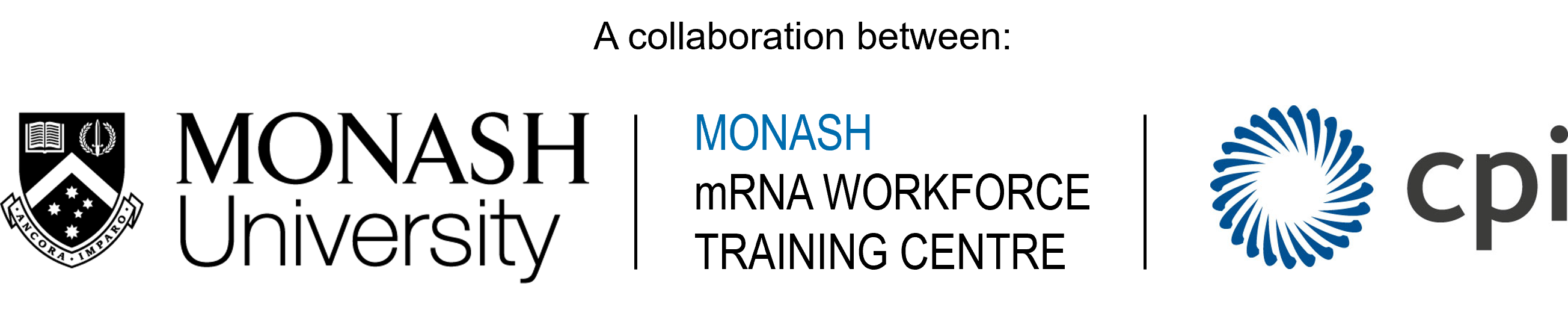 Title text: A collaboration between. Underneath the text is three logos. On the left is Monash University, in the middle is the Monash mRNA Workforce Training Centre and on the right is CPI.