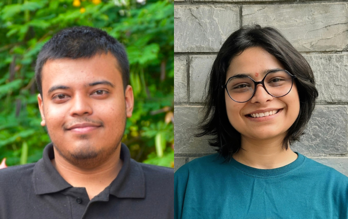 Side-by-side portrait photos of two researchers. On the left, Swagatam Das wears a black polo shirt and smiles slightly against a lush green leafy background. On the right, Deepali Singh wears round glasses and a teal top, smiling broadly in front of a light gray textured stone wall.
