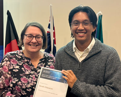Bachelor of Public Health course director Kelly Allen with Derek Villaceran Bachelor of Public Health course director Kelly Allen with Derek Villaceran