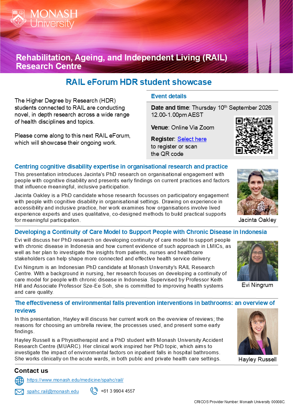 A image of the promotional flyer for the RAIL eforum scheduled on 10 Sept 2026 which include the event details, Monash logo and bio and photo of three speakers.