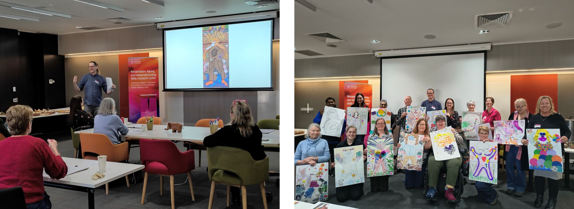 A collage of two photos: 1) left: a person presenting in front of an audience with a screen in the background; 2) right: A group of persons holding a body map they created, smiling at the camera.