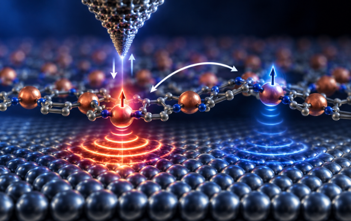 Digital conceptual illustration showing the sharp metal tip of a scanning tunnelling microscope interacting with individual atoms of a two-dimensional metal-organic framework layered on a surface.