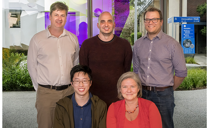 Top L-R: Professor John Forsythe (Engineering), Dr Mark Del Borgo and Dr Brad Broughton. Bottom L-R: PhD student Andrew Hong and Professor Mibel Aguilar.