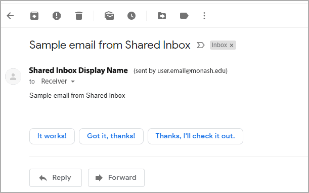 screenshot showing how an email from a shared inbox appears to recipients. Showing the shared inbox name and sender email address at the top of the email