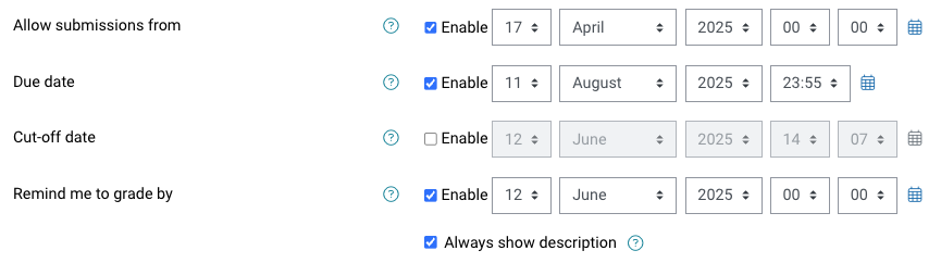 Moodle assignment submission date options
