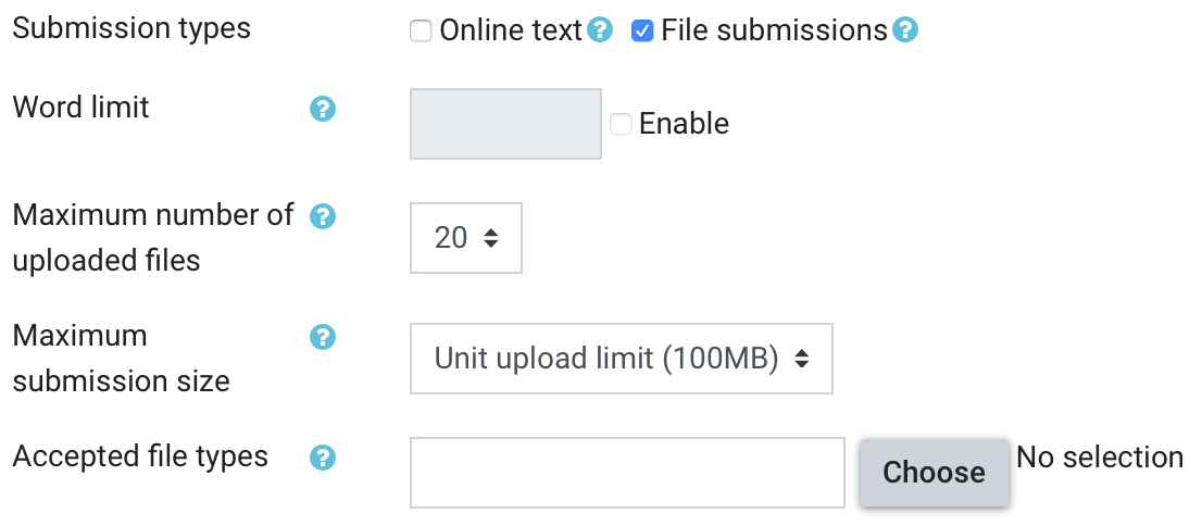 Moodle assignment file submission settings