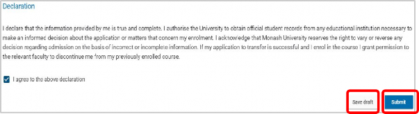 Screenshot of the declaration displaying save draft and submit buttons