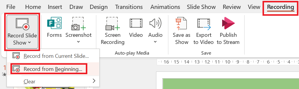 PowerPoint Recording menu