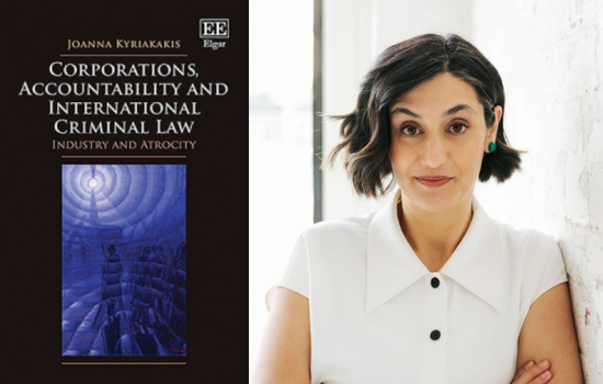 Corporations, Accountability and International Criminal Law cover, side by side with a photo of Joanna Kyriakakis
