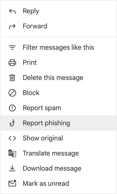 drop down menu with Report phishing circled drop down menu with Report phishing circled