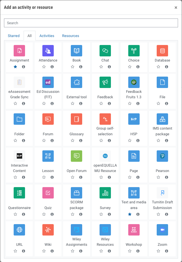 Image of activity and resource picker window