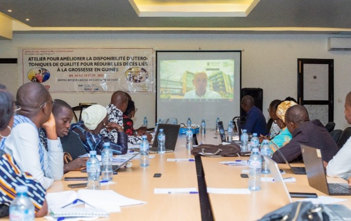 Pete Lambert, Director of the Monash Quality of Medicines Initiative conducting a training workshop on the quality of PPH medicines with private and public stakeholders in Guinea, West Africa. © GHSC-PSM Guinea