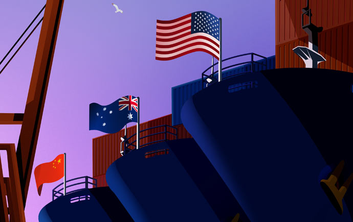 Cargo ships with USA, China and Aus flags
